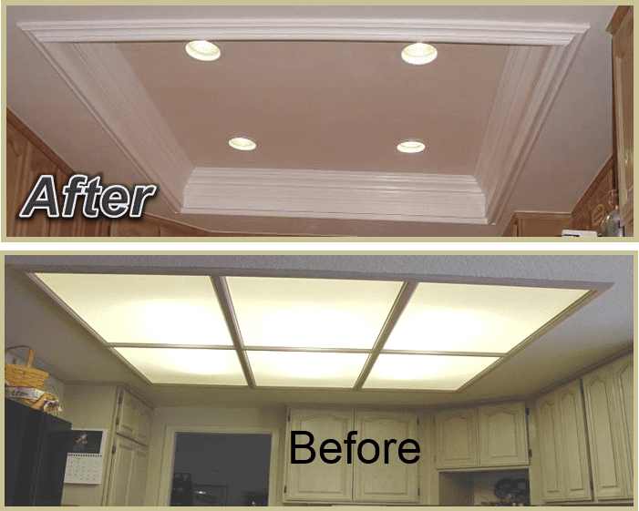 A before and after picture of the kitchen ceiling.