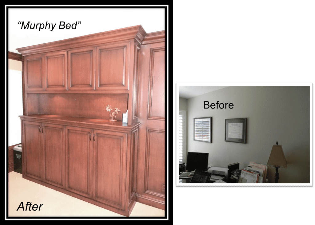 A before and after picture of the interior of a bedroom.