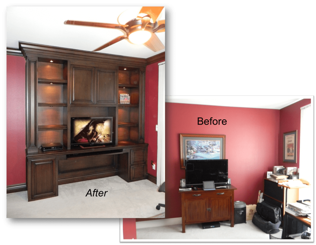 A before and after picture of the living room.