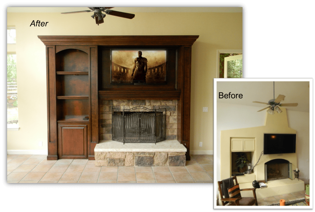 A fireplace with a television above it and a tv on the wall.