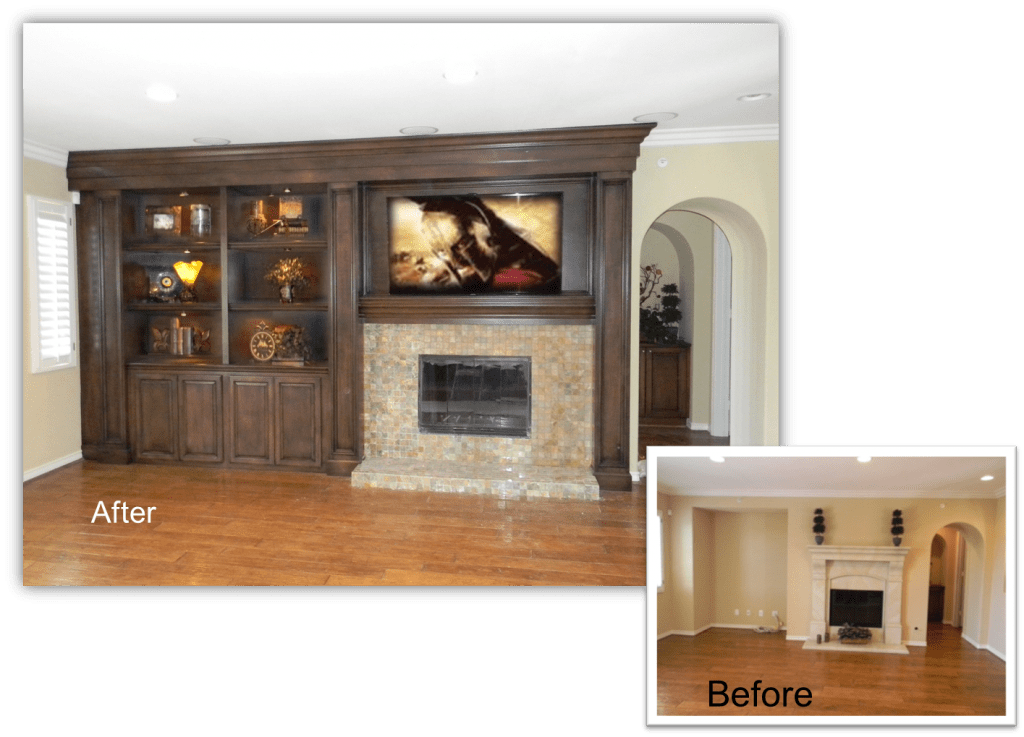 A before and after picture of a living room with fireplace.