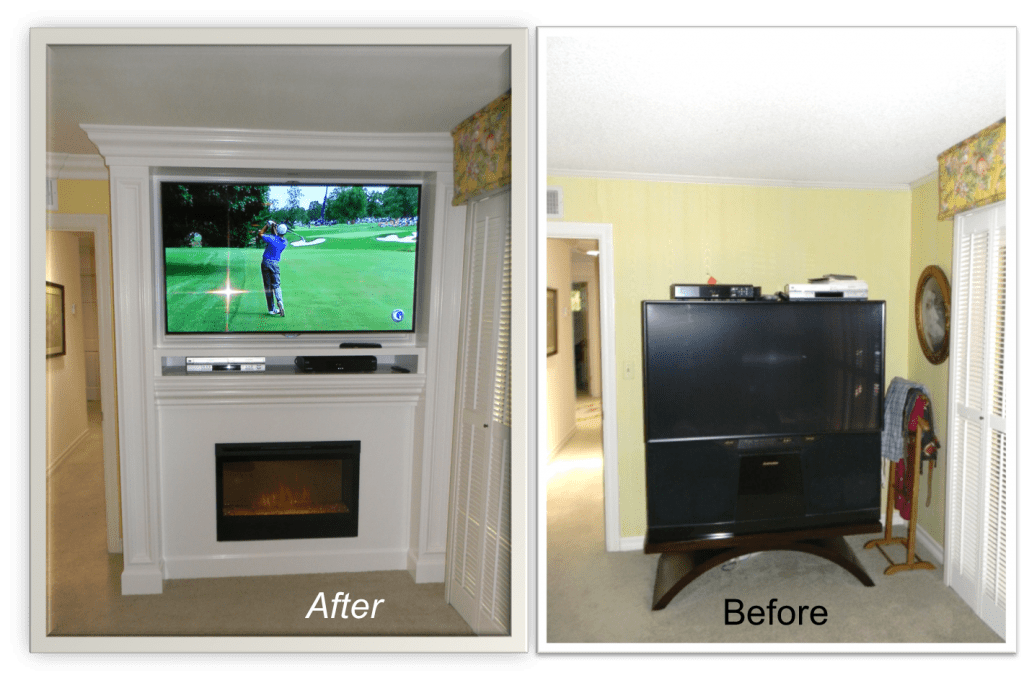 A before and after picture of the tv in the living room.