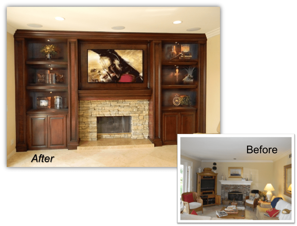 A before and after picture of the fireplace in the living room.