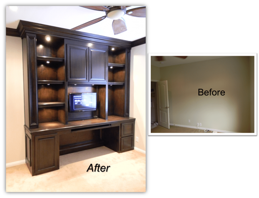 A before and after picture of the interior of a home office.