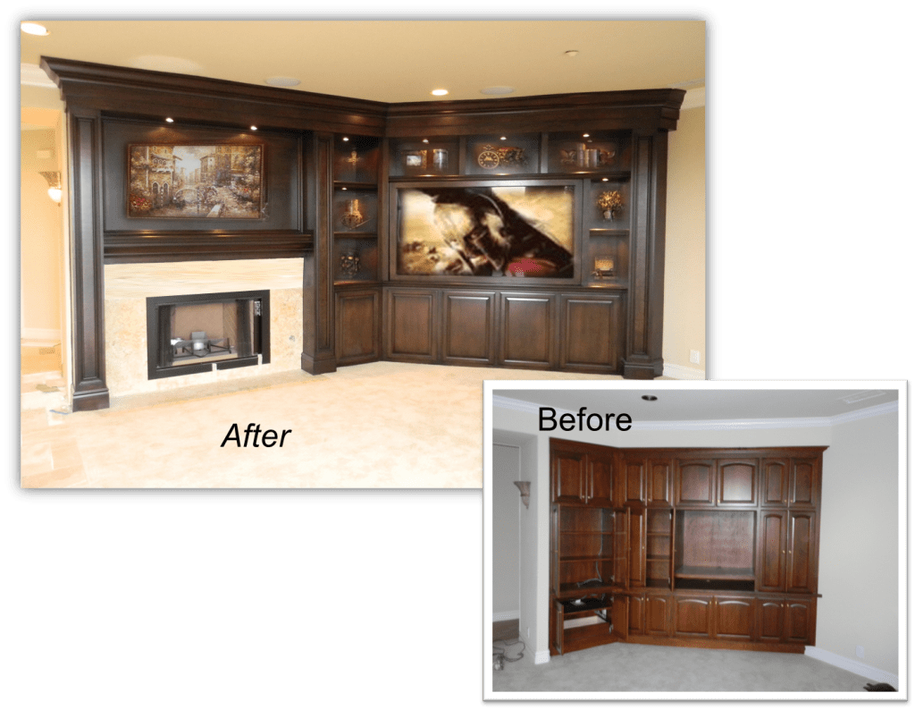 A before and after picture of a living room with a fireplace.