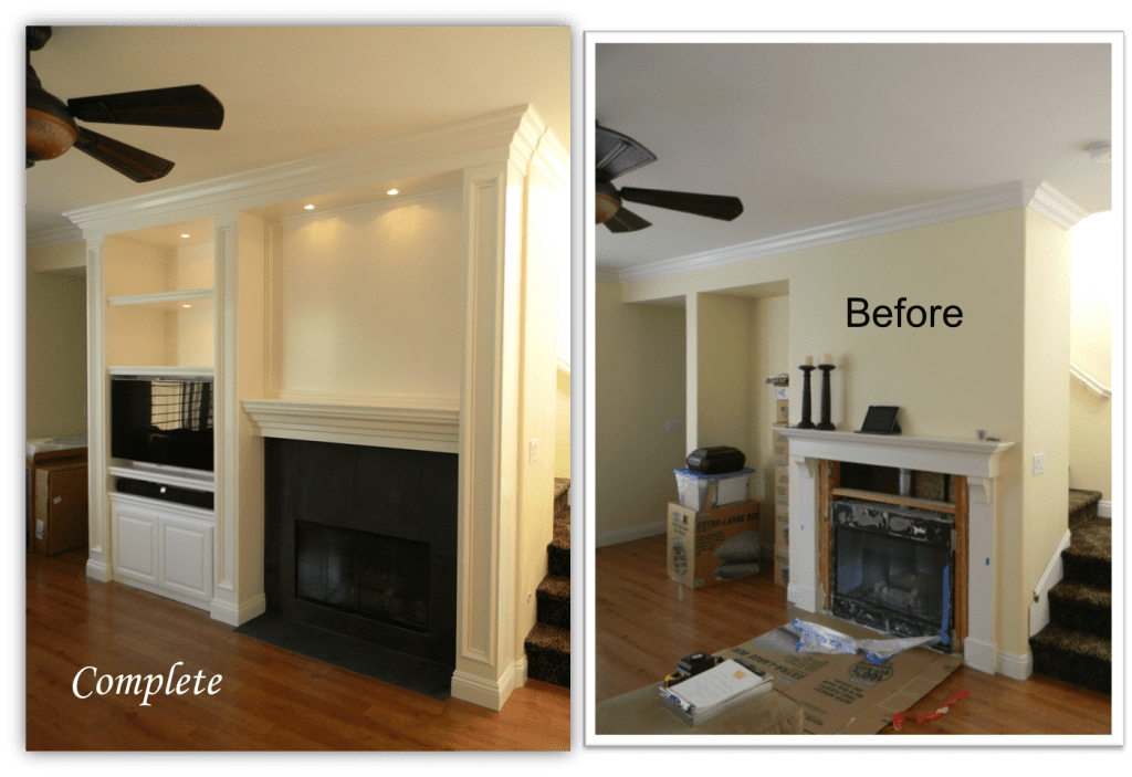 A before and after picture of the fireplace in the living room.