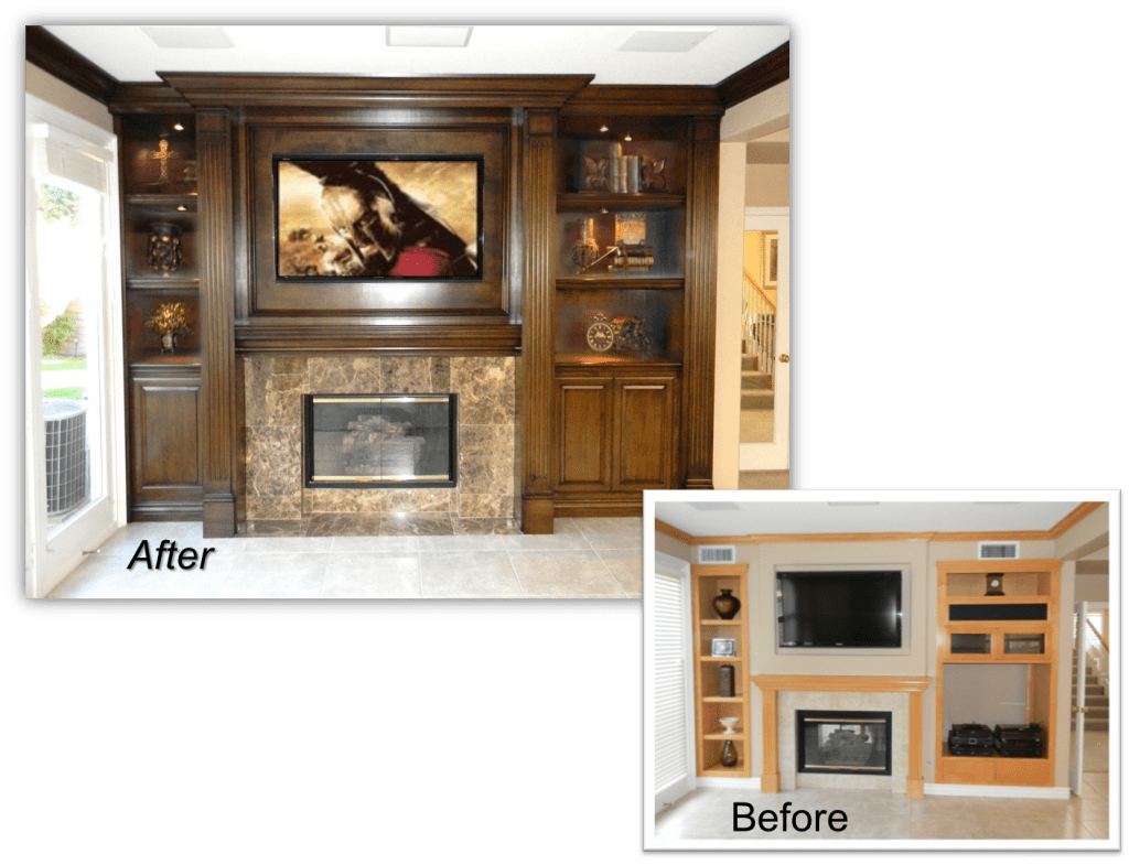 A before and after picture of a fireplace with a tv above it.