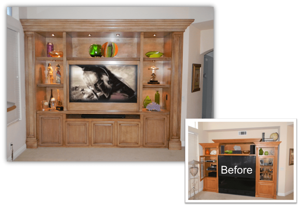 A before and after picture of the entertainment center.