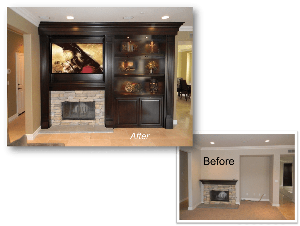 A before and after picture of the fireplace in the living room.