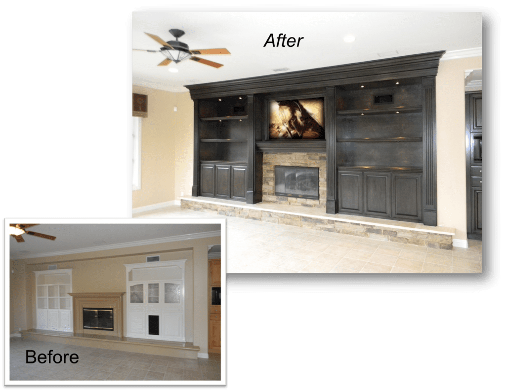 A before and after picture of the fireplace in the living room.