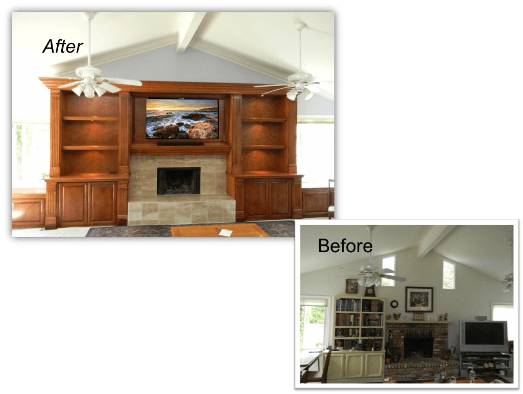 A before and after picture of the fireplace in the living room.