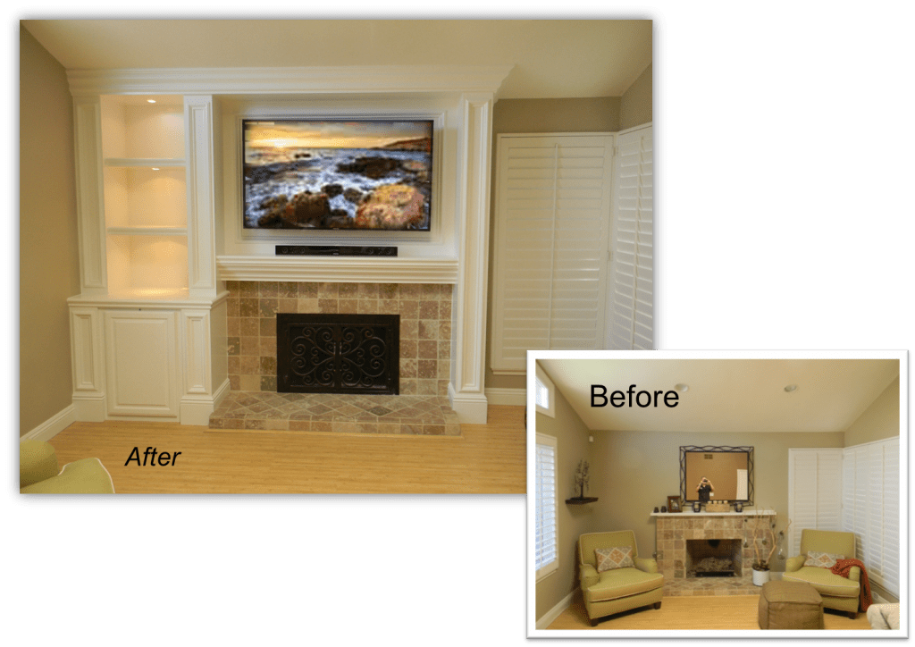 A before and after picture of the fireplace in the living room.