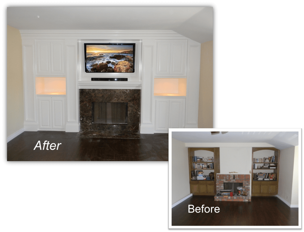 A before and after picture of the fireplace in the living room.