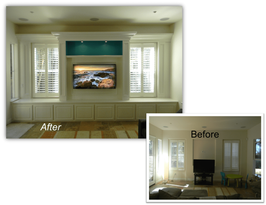 A before and after picture of the living room.