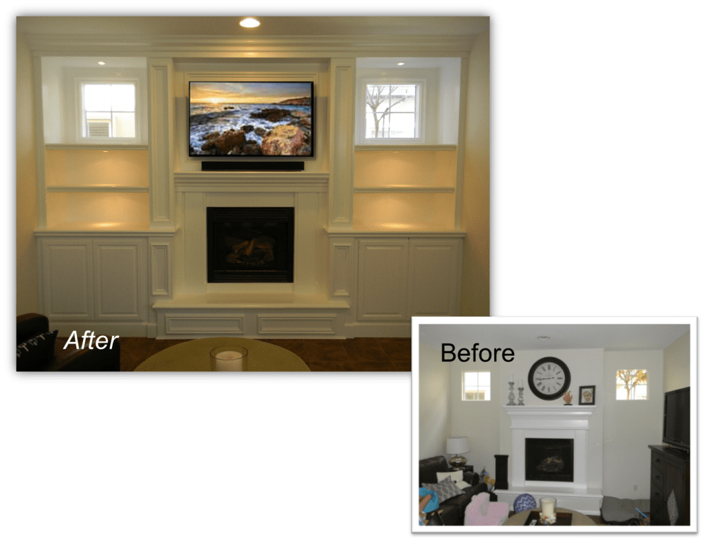 A before and after picture of the fireplace in the living room.