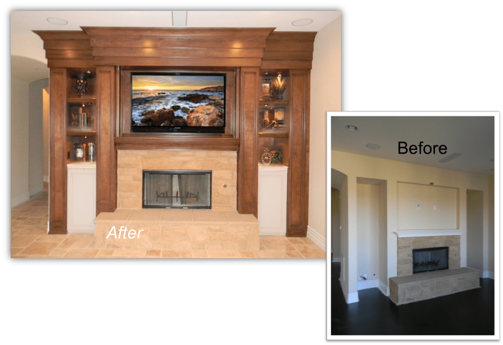 A before and after picture of the fireplace in the living room.