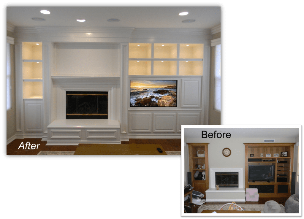 A before and after picture of the fireplace in the living room.