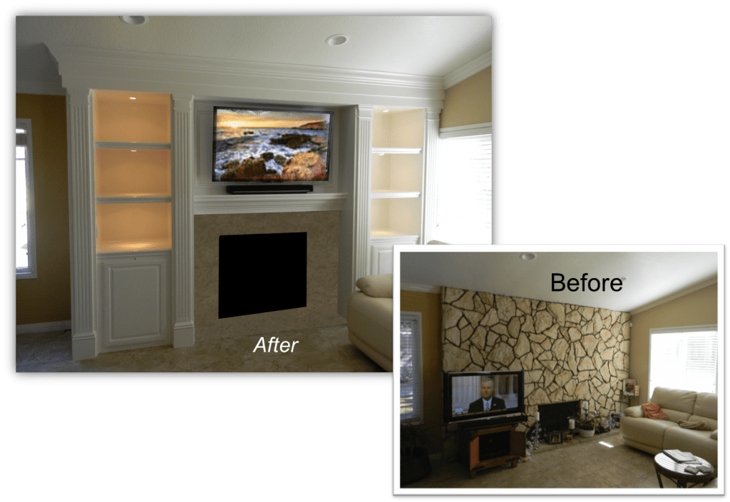 A before and after picture of the fireplace in the living room.