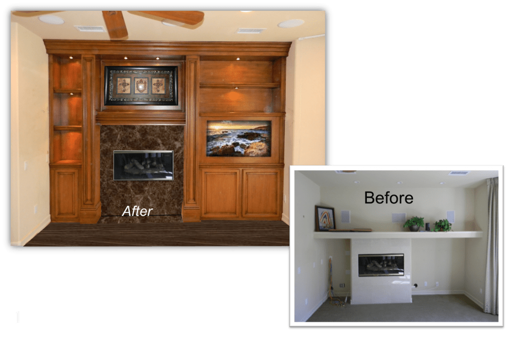 A before and after picture of the fireplace in the living room.