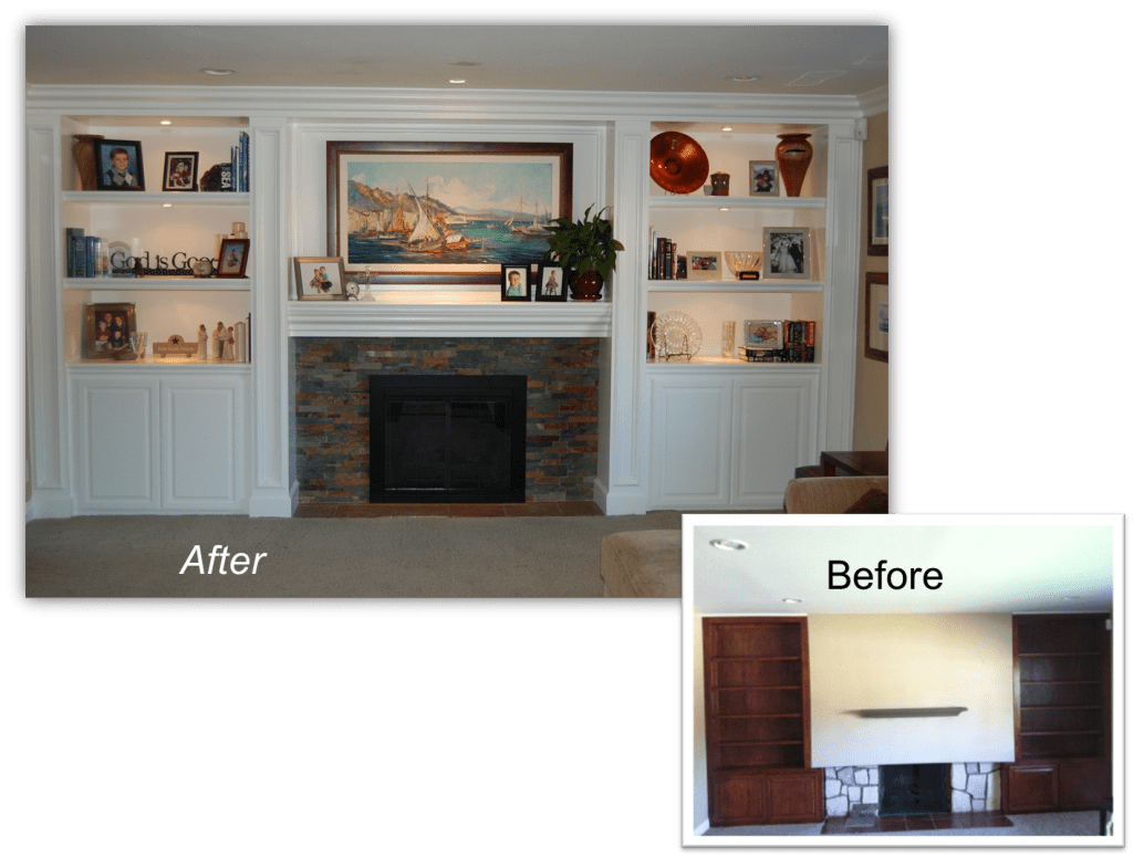 A before and after picture of the fireplace in the living room.