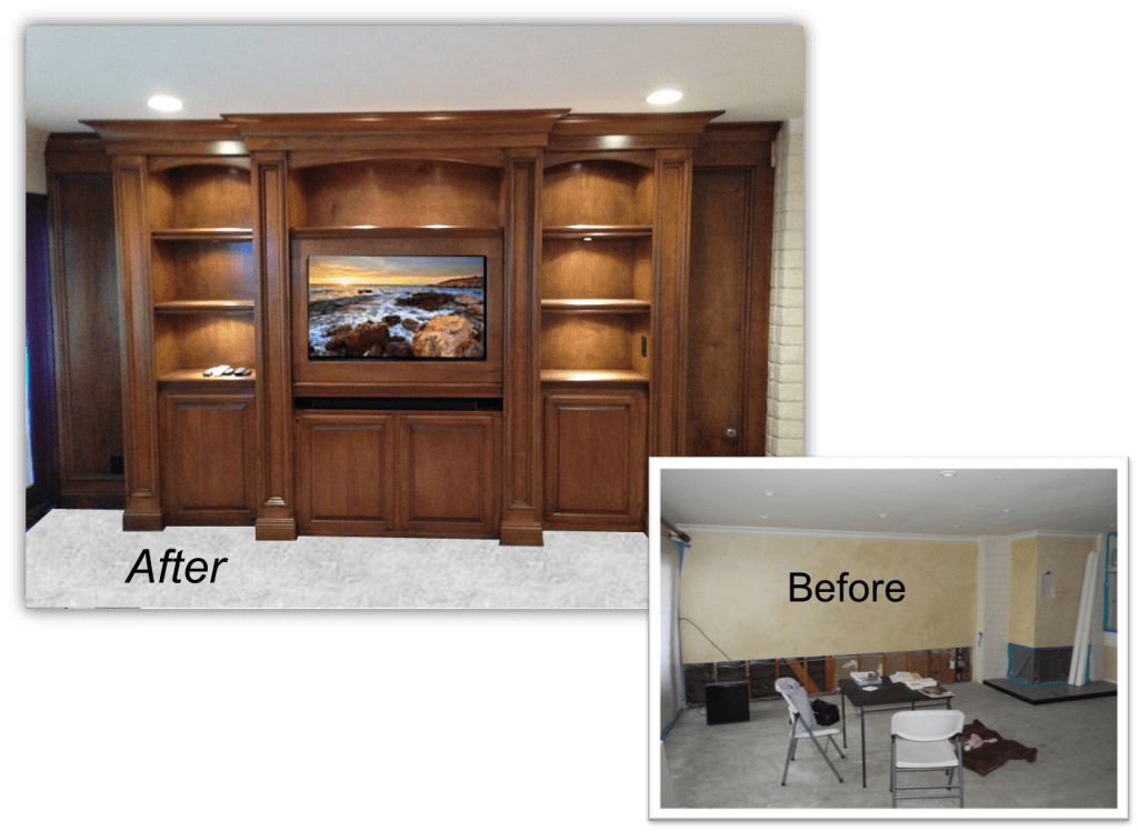 A before and after picture of the entertainment center.