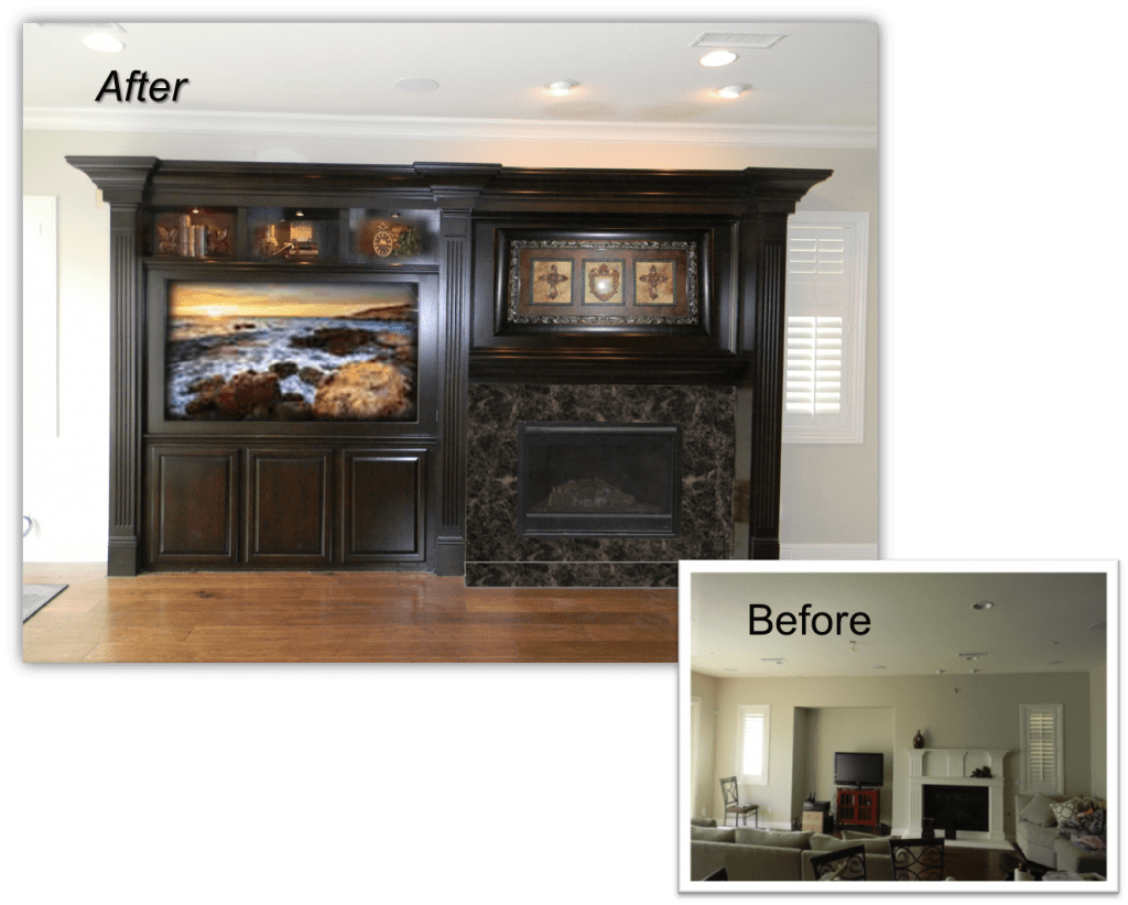 A before and after picture of the fireplace in the living room.