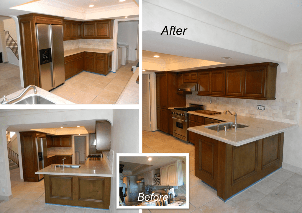 A kitchen with a refrigerator and sink, before and after.