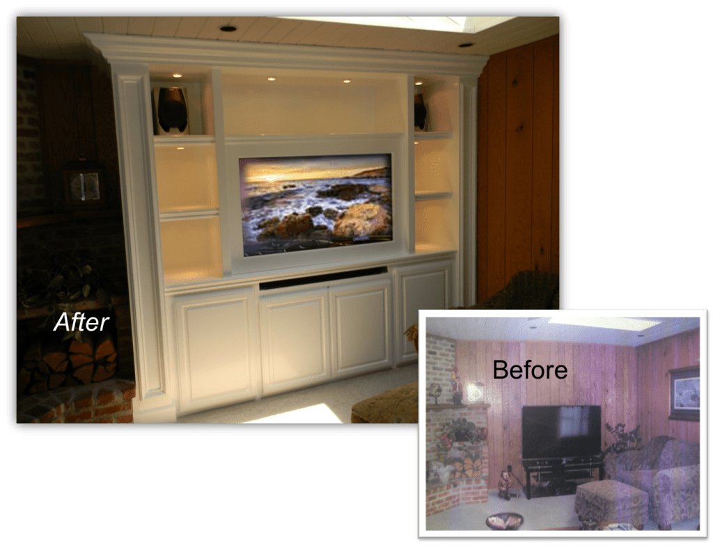 A before and after picture of the entertainment center.