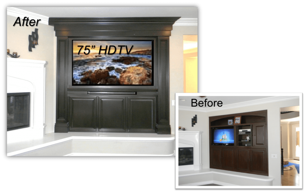 A before and after picture of a tv mounted to the wall.