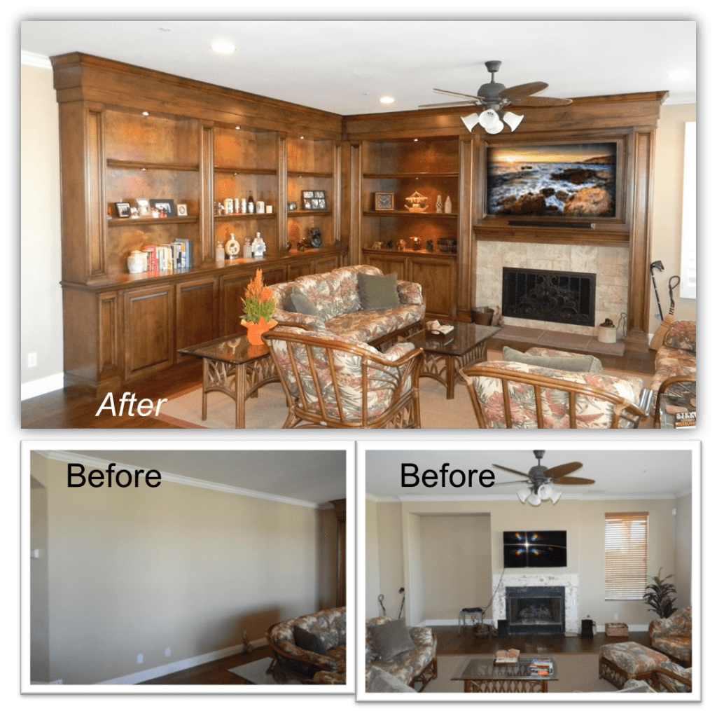 A before and after picture of a living room.