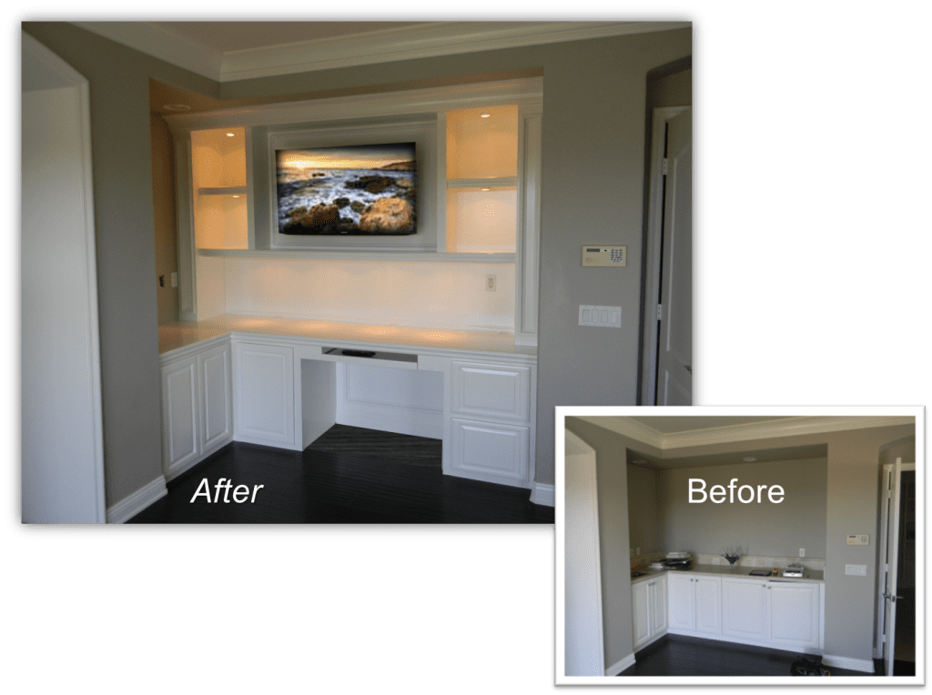 A before and after picture of the tv room.