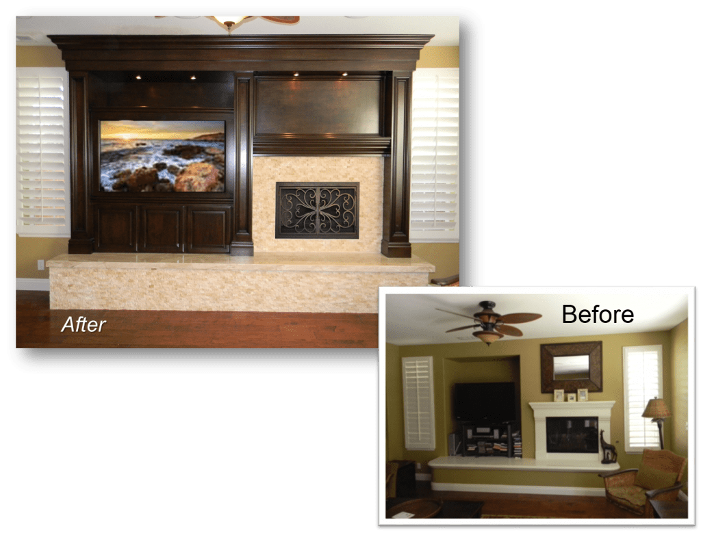 A before and after picture of the fireplace in the living room.