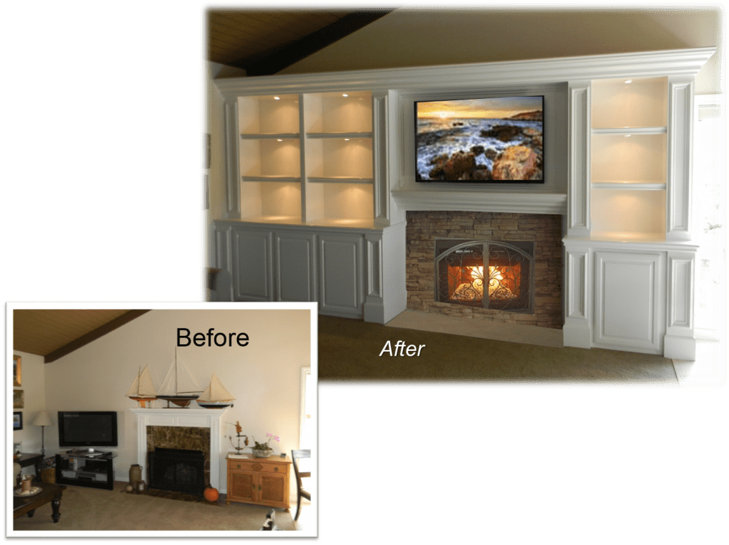 A before and after picture of a fireplace in the living room.