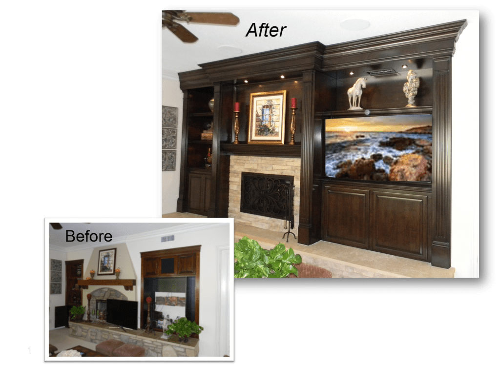 A before and after picture of the fireplace in the living room.