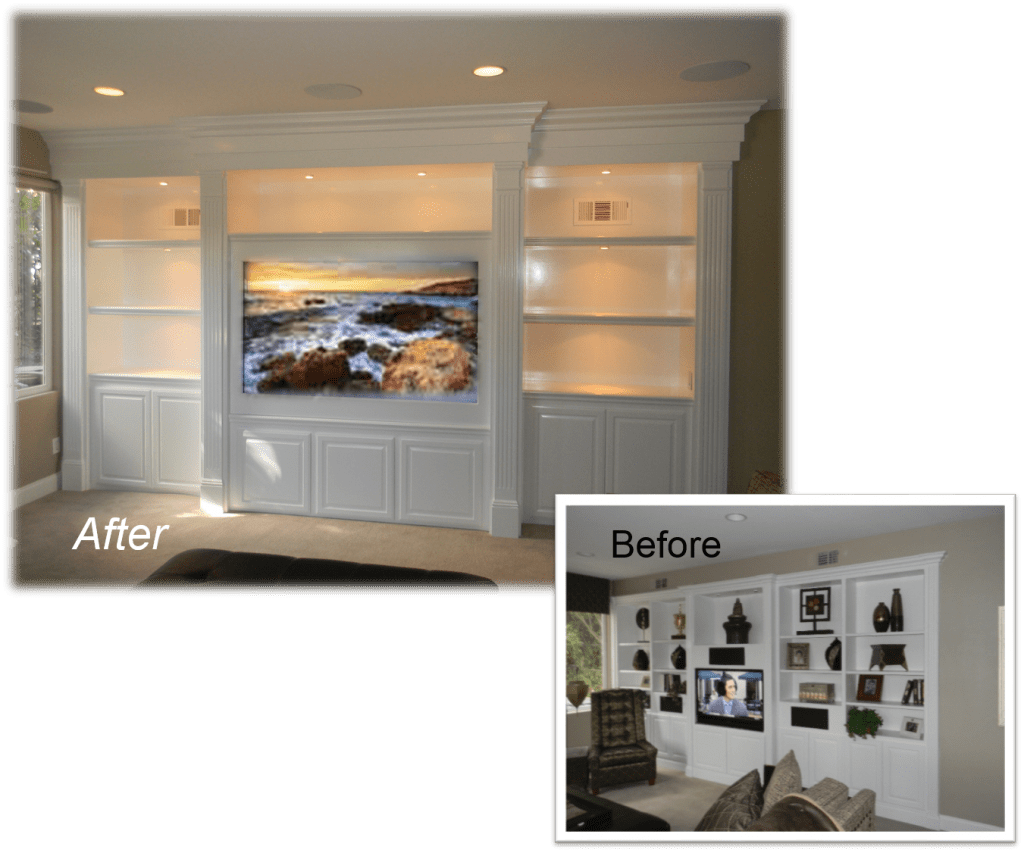 A before and after picture of a living room with white walls.