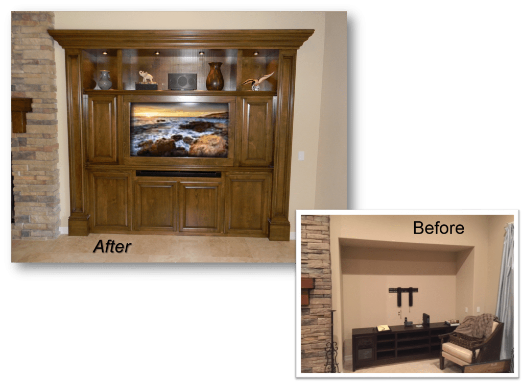 A before and after picture of the entertainment center.