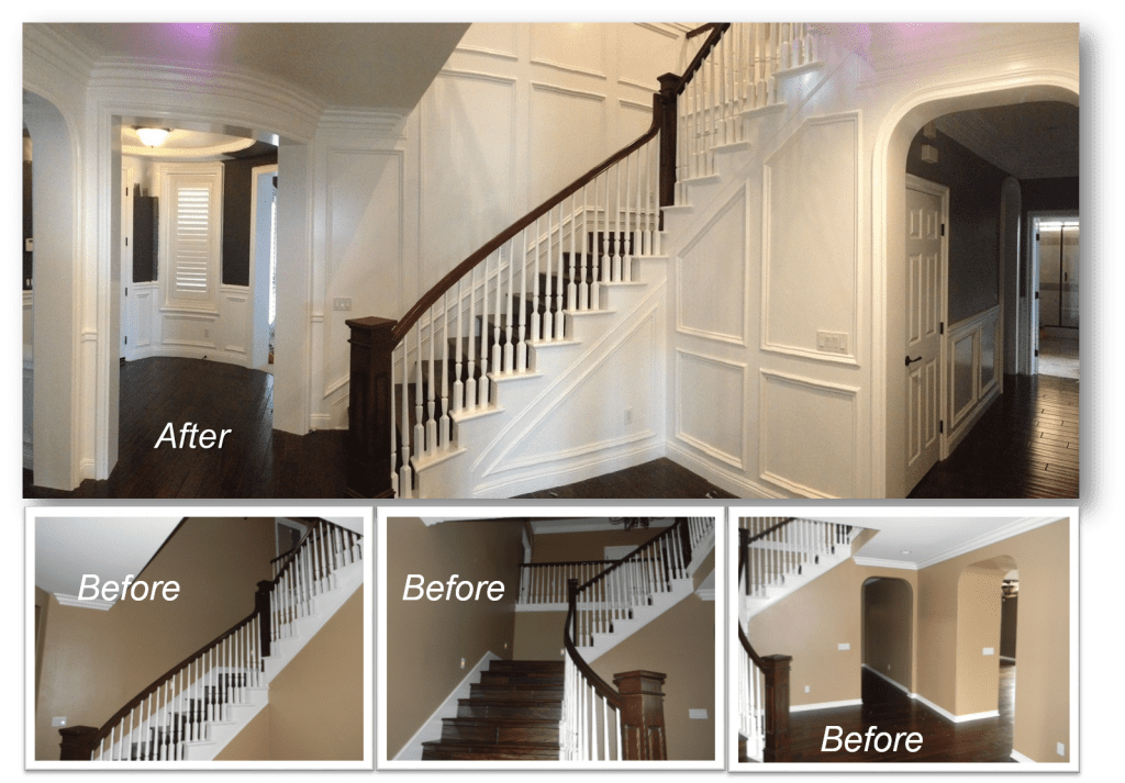 A staircase with steps and walls before and after.