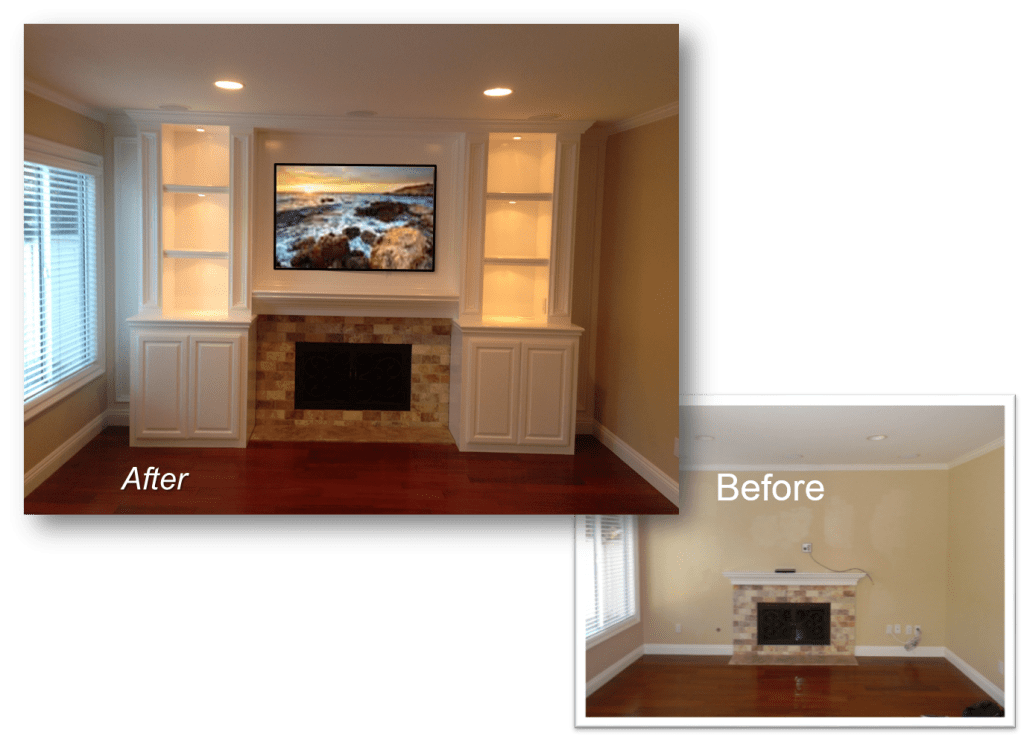 A before and after picture of the fireplace in the living room.