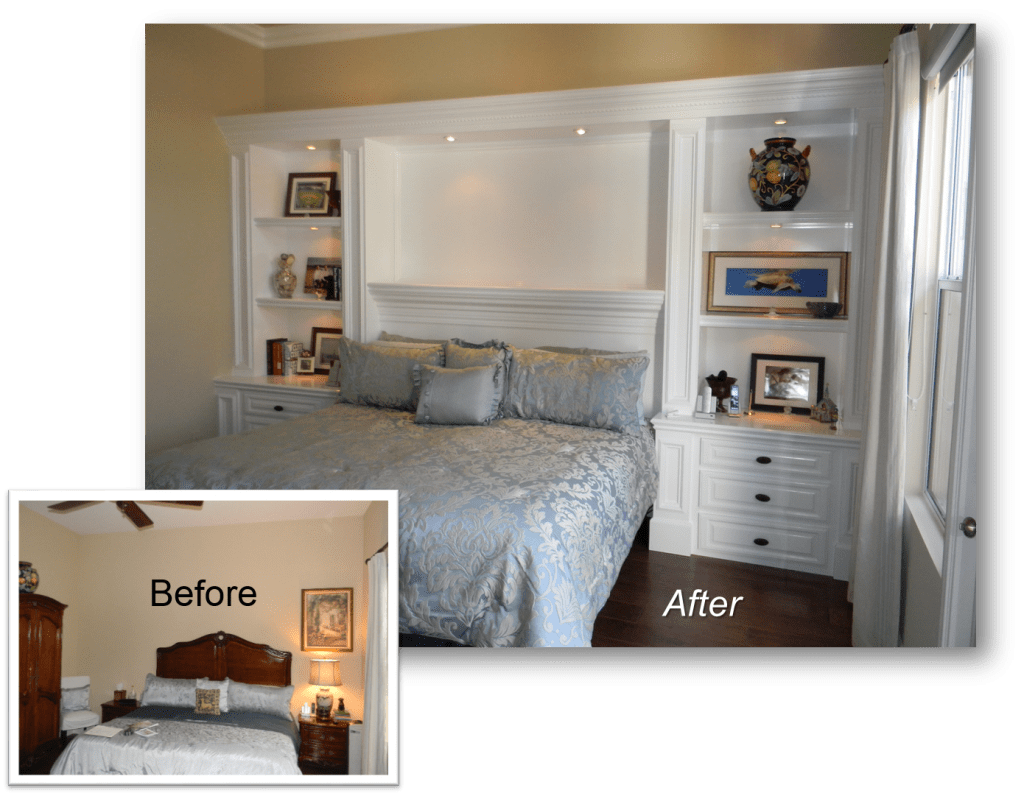 A before and after picture of a bedroom.