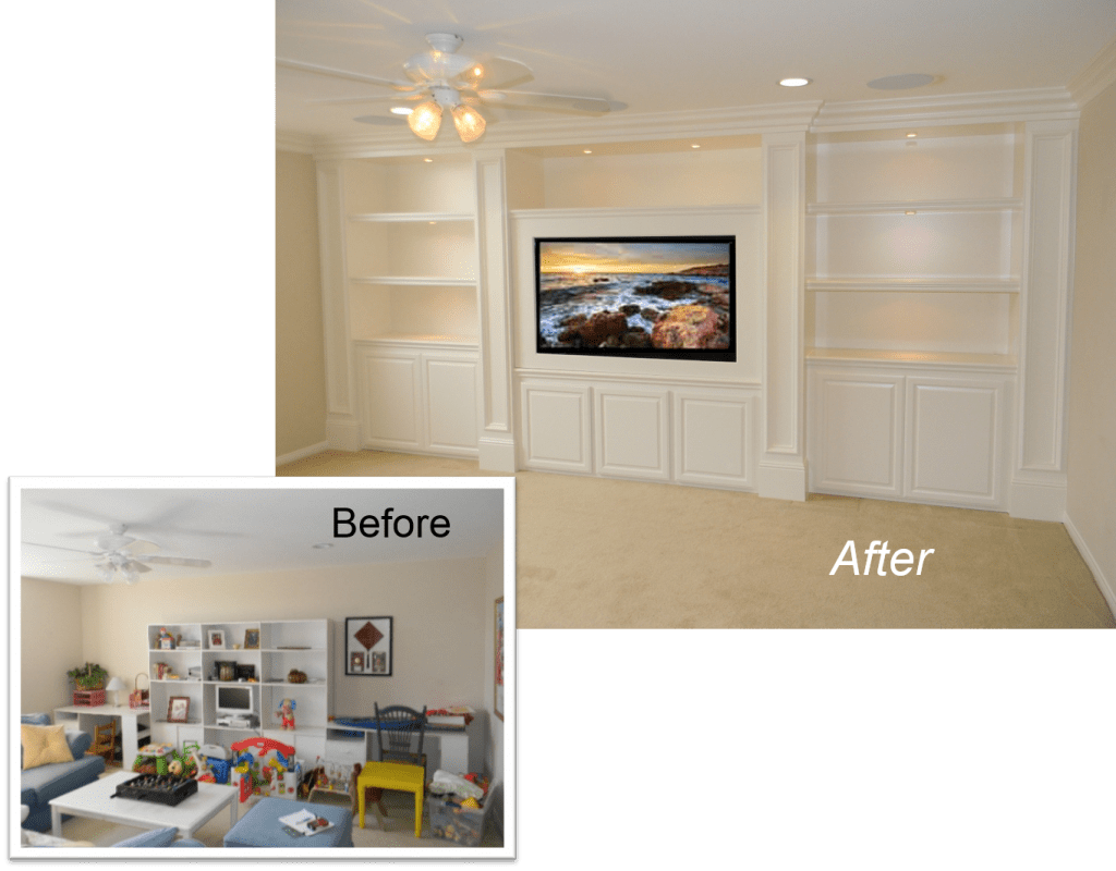 A before and after picture of the living room.