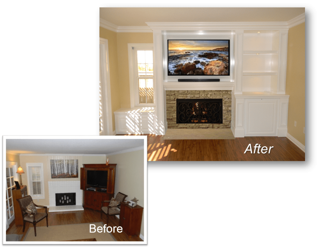 A before and after picture of a living room.