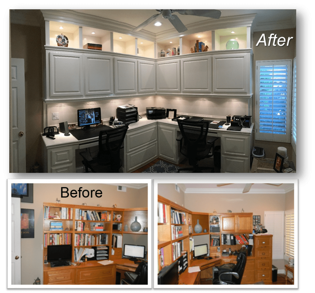 A before and after picture of a home office.