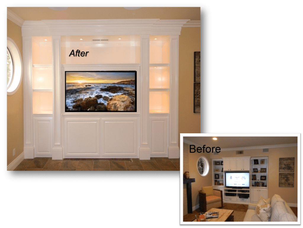 A before and after picture of the tv room.