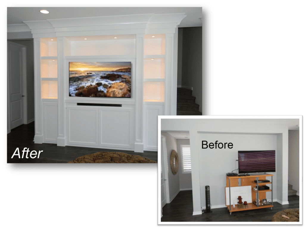 A before and after picture of the entertainment center.