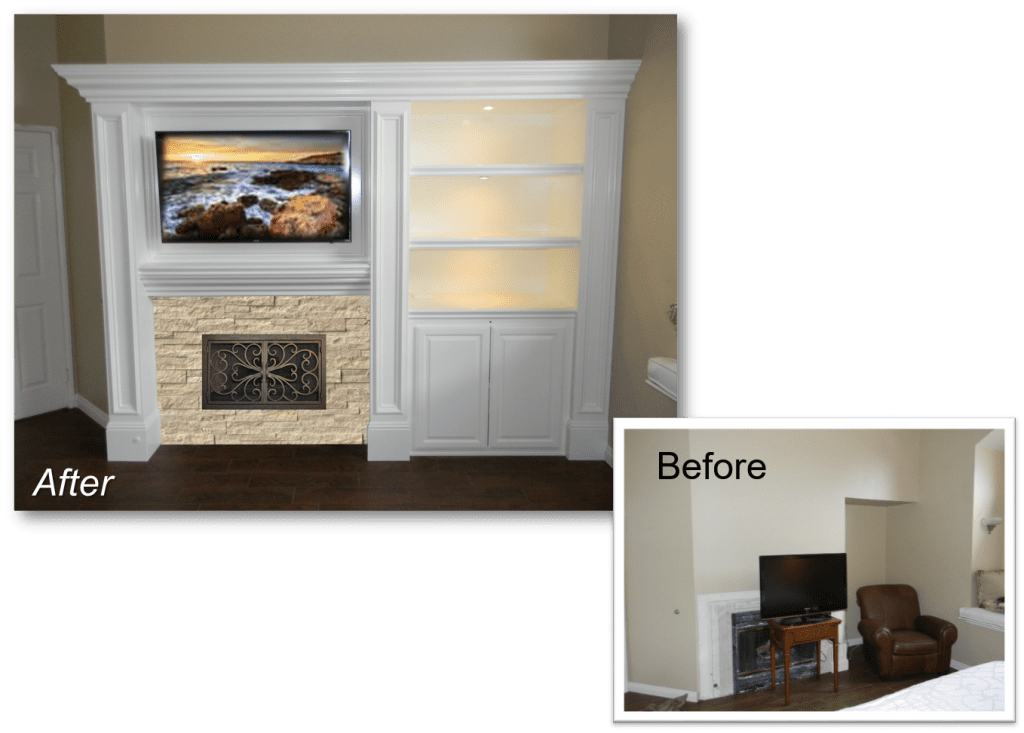 A before and after picture of the fireplace.