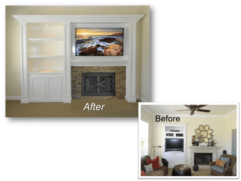 A before and after picture of the fireplace in the living room.