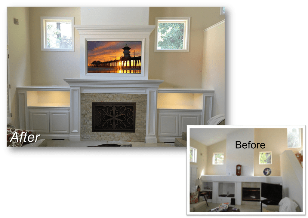 A before and after photo of a fireplace in the living room.