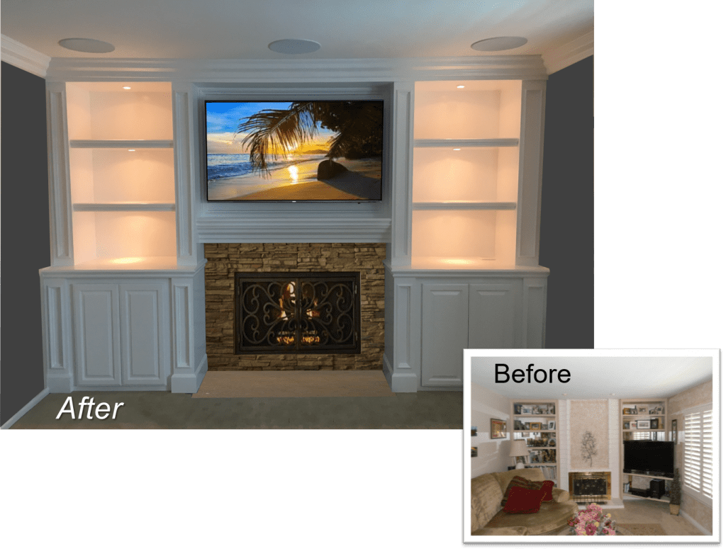 A fireplace with built in shelves and a television.