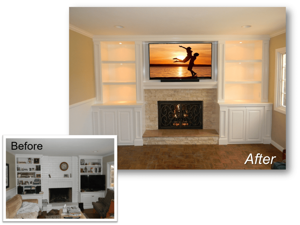 A before and after picture of a living room with fireplace.