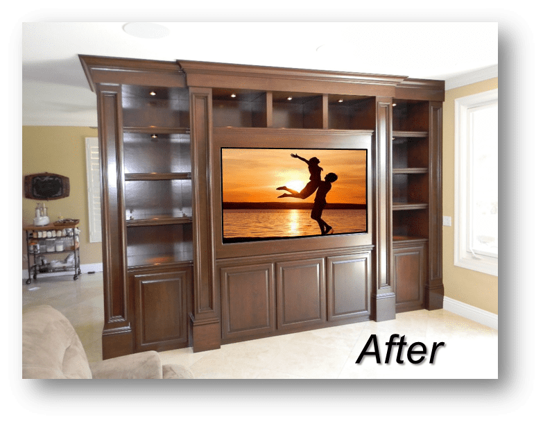 A television is shown in front of a wall unit.